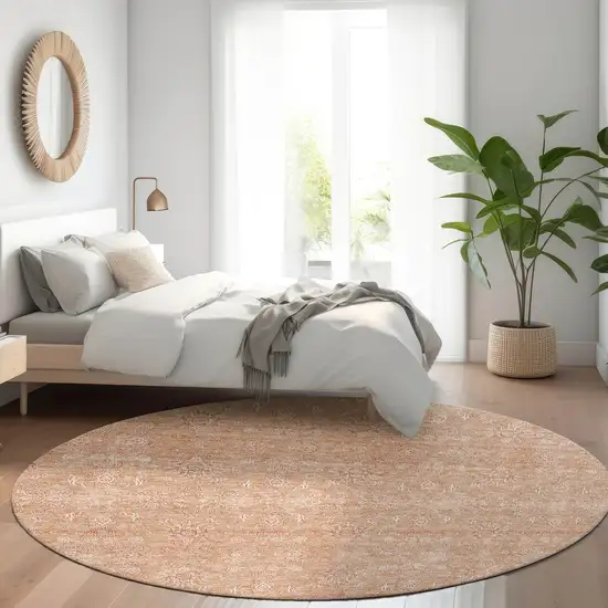 8' Copper And Beige Round Floral Washable Indoor Outdoor Area Rug Photo 6