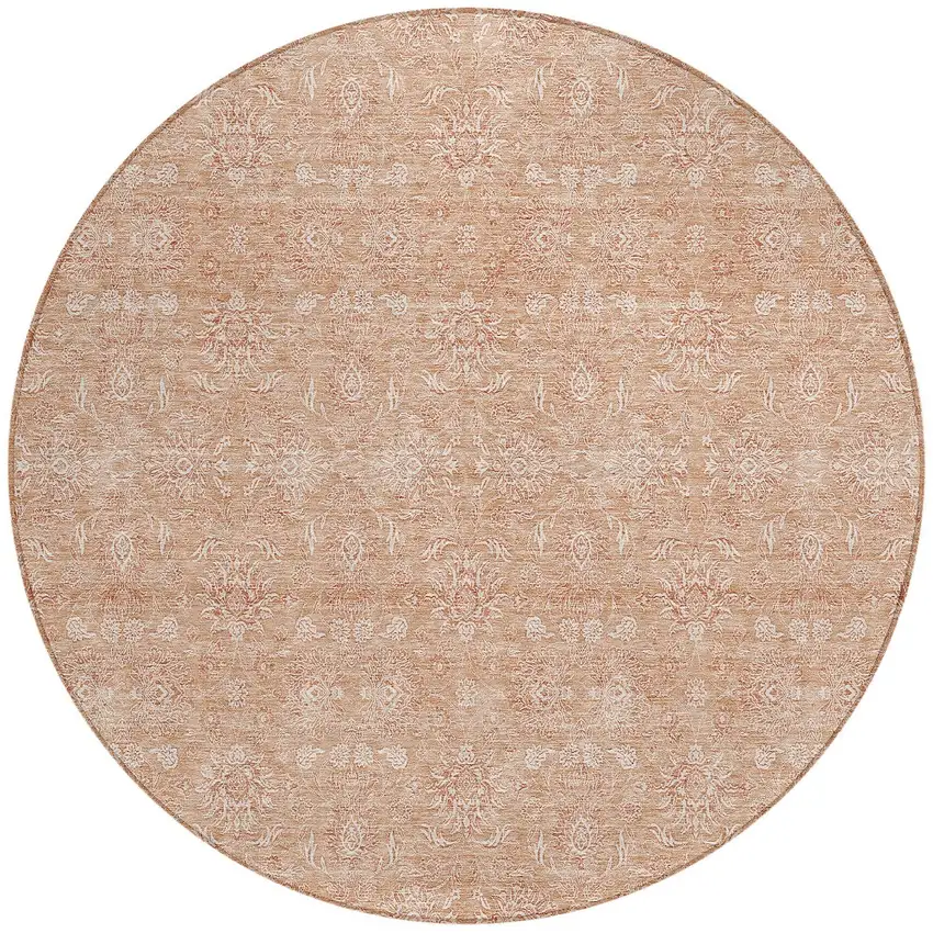 8' Copper And Beige Round Floral Washable Indoor Outdoor Area Rug Photo 3