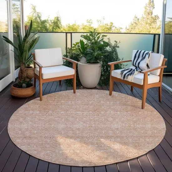 8' Copper And Beige Round Floral Washable Indoor Outdoor Area Rug Photo 5