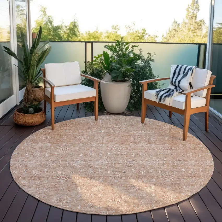 8' Copper And Beige Round Floral Washable Indoor Outdoor Area Rug Photo 5