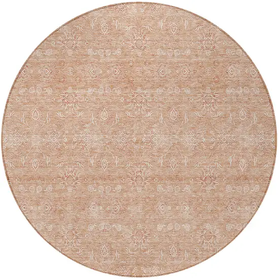 8' Copper And Beige Round Floral Washable Indoor Outdoor Area Rug Photo 4