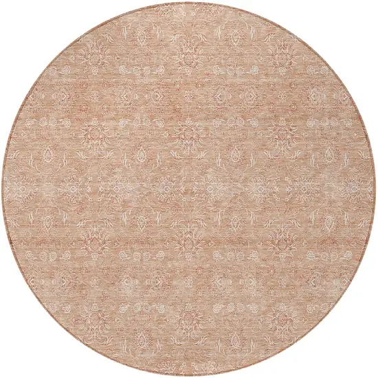 8' Copper And Beige Round Floral Washable Indoor Outdoor Area Rug Photo 4