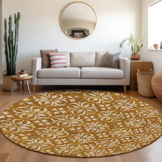 8' Copper And Beige Round Floral Washable Indoor Outdoor Area Rug Photo 7