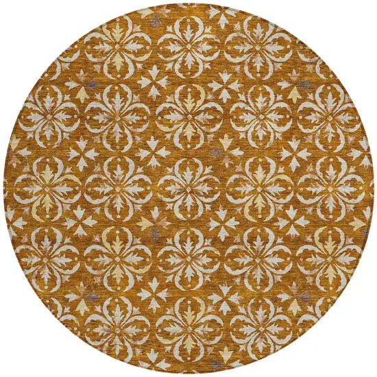 8' Copper And Beige Round Floral Washable Indoor Outdoor Area Rug Photo 5