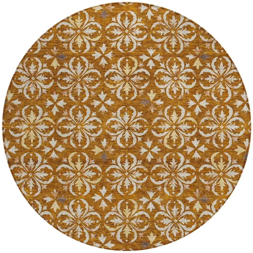 8' Copper And Beige Round Floral Washable Indoor Outdoor Area Rug Photo 5