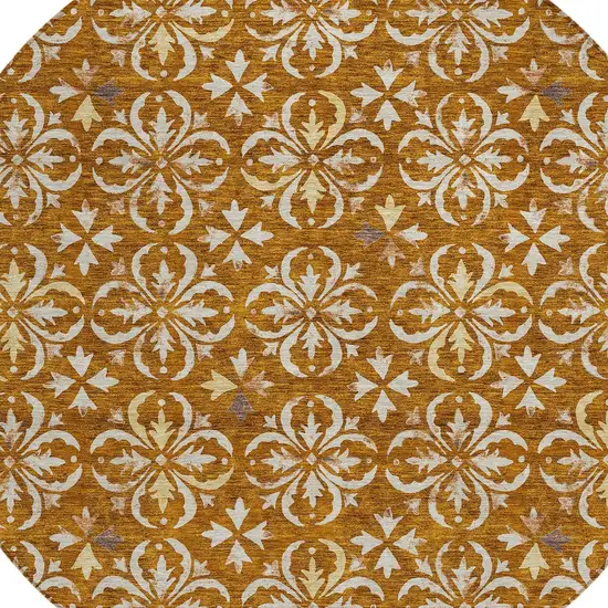 8' Copper And Beige Round Floral Washable Indoor Outdoor Area Rug Photo 4