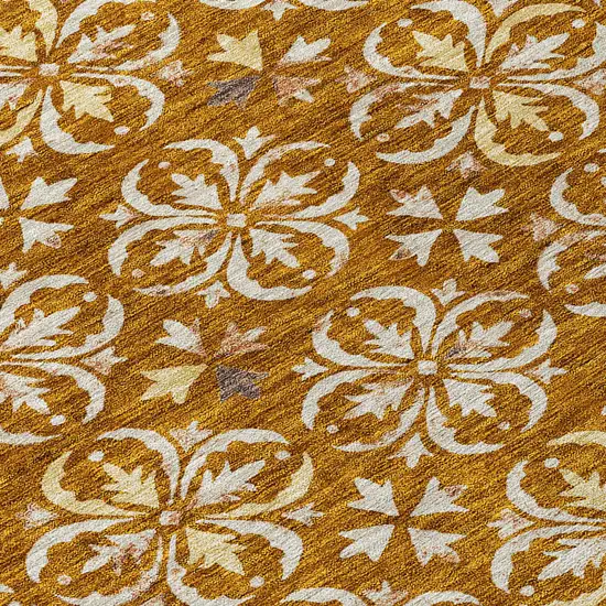 8' Copper And Beige Round Floral Washable Indoor Outdoor Area Rug Photo 8