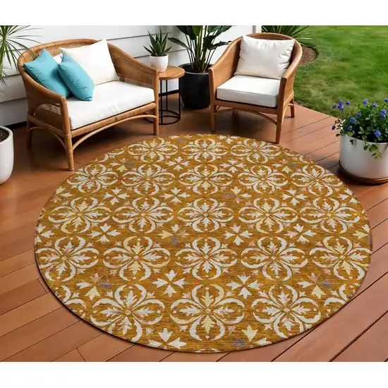 8' Copper And Beige Round Floral Washable Indoor Outdoor Area Rug Photo 1