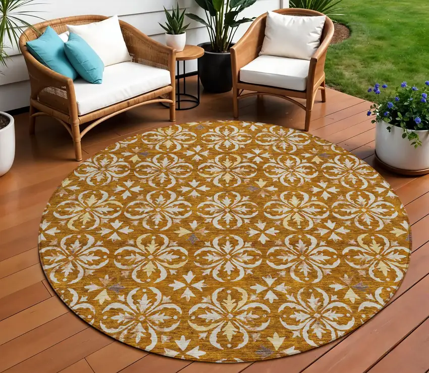 8' Copper And Beige Round Floral Washable Indoor Outdoor Area Rug Photo 1