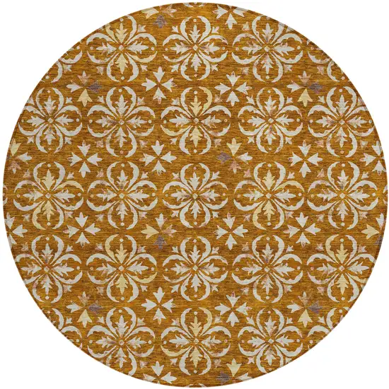8' Copper And Beige Round Floral Washable Indoor Outdoor Area Rug Photo 2