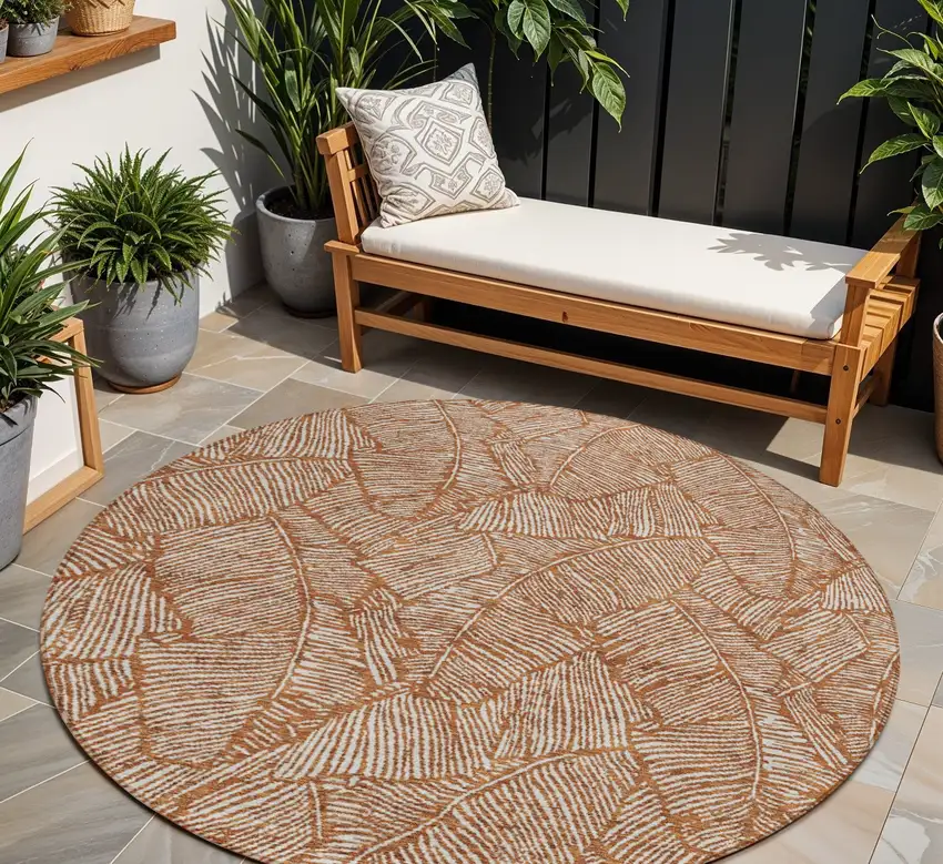 8' Copper And Beige Round Floral Washable Indoor Outdoor Area Rug Photo 1
