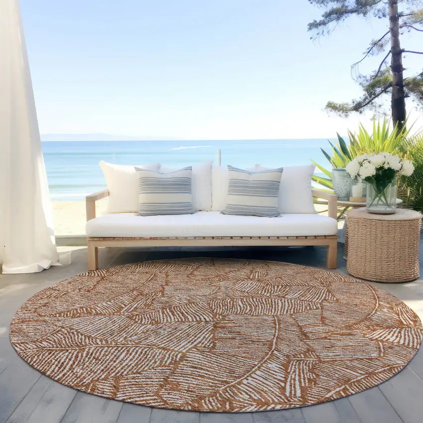 8' Copper And Beige Round Floral Washable Indoor Outdoor Area Rug Photo 7