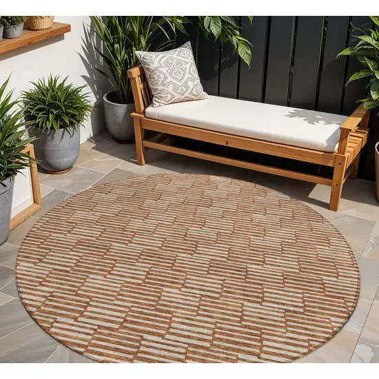 8' Copper And Beige Round Geometric Washable Indoor Outdoor Area Rug Photo 1