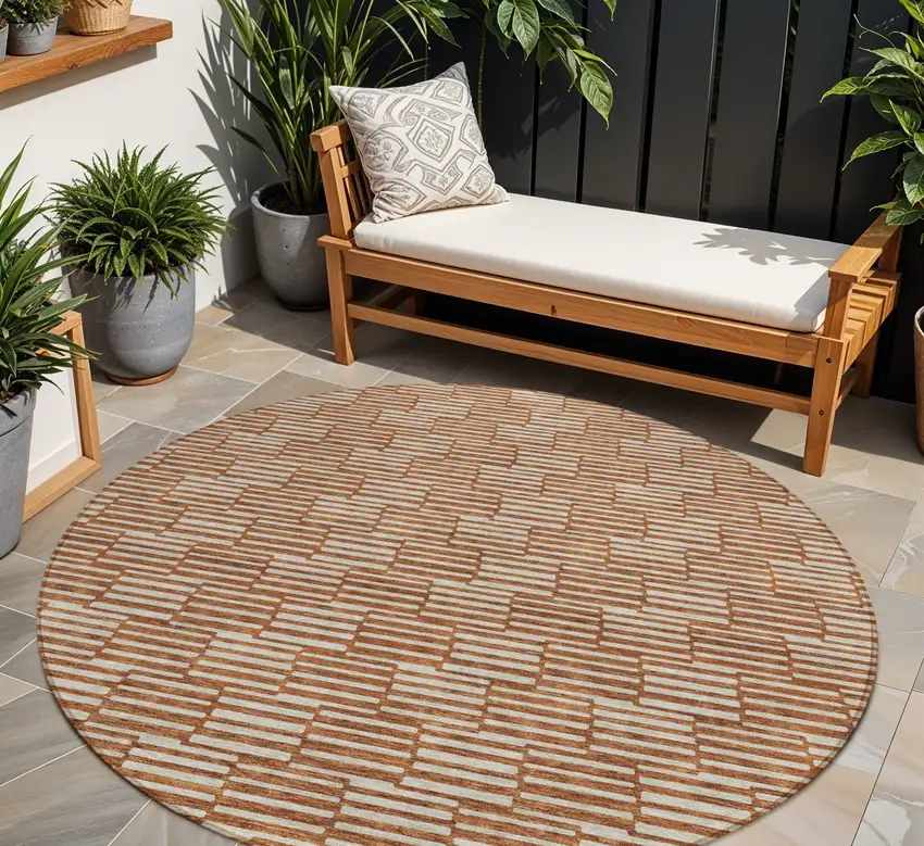 8' Copper And Beige Round Geometric Washable Indoor Outdoor Area Rug Photo 1