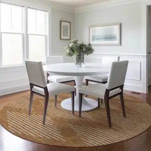 Photo of 8' Copper And Beige Round Geometric Washable Indoor Outdoor Area Rug