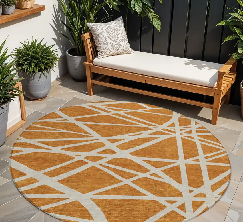 8' Copper And Beige Round Geometric Washable Indoor Outdoor Area Rug Photo 1