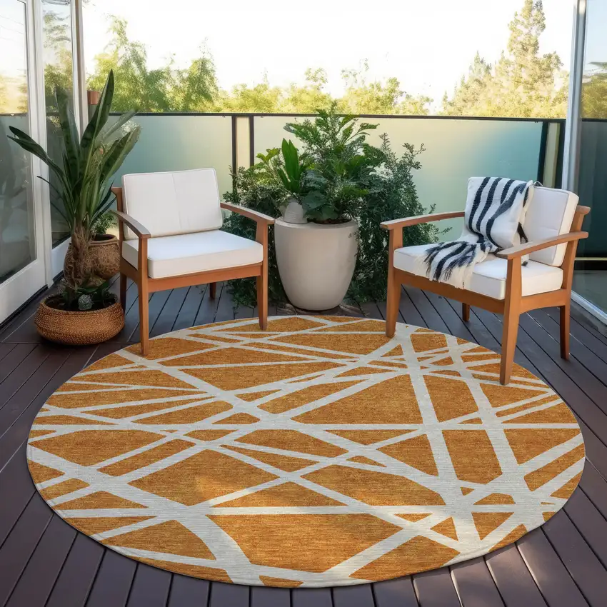 8' Copper And Beige Round Geometric Washable Indoor Outdoor Area Rug Photo 5