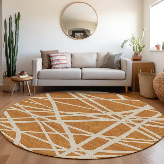 8' Copper And Beige Round Geometric Washable Indoor Outdoor Area Rug Photo 6