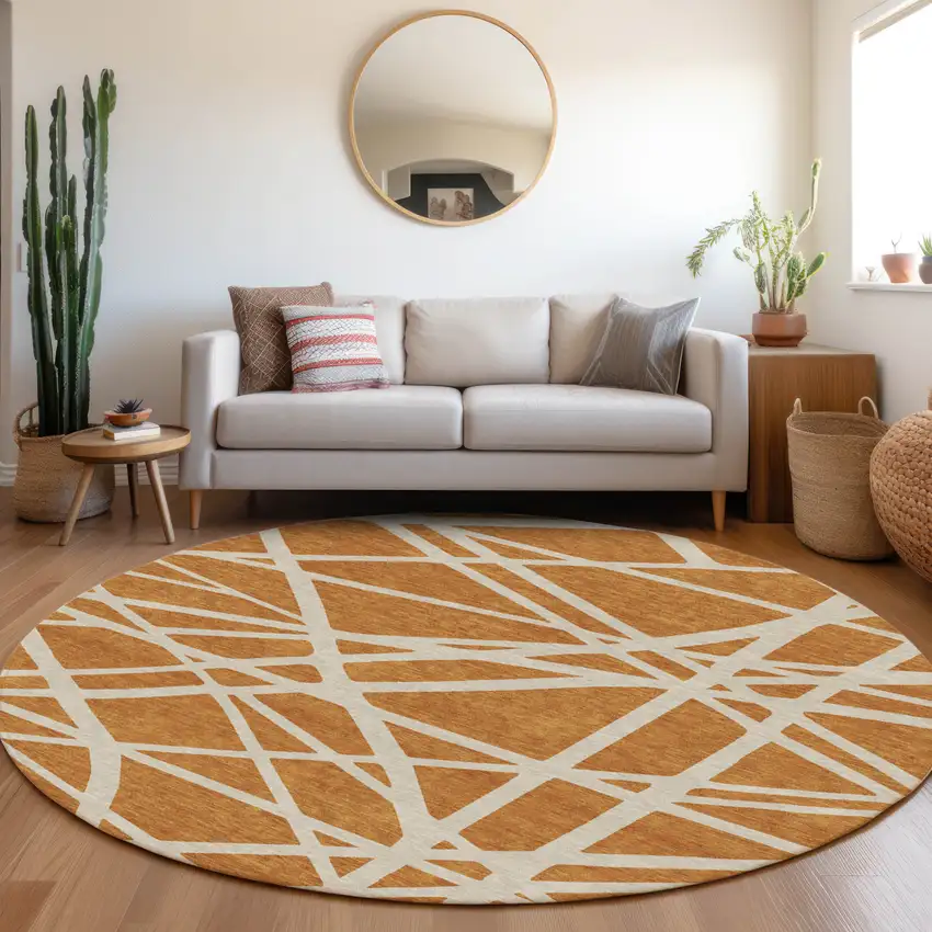 8' Copper And Beige Round Geometric Washable Indoor Outdoor Area Rug Photo 6