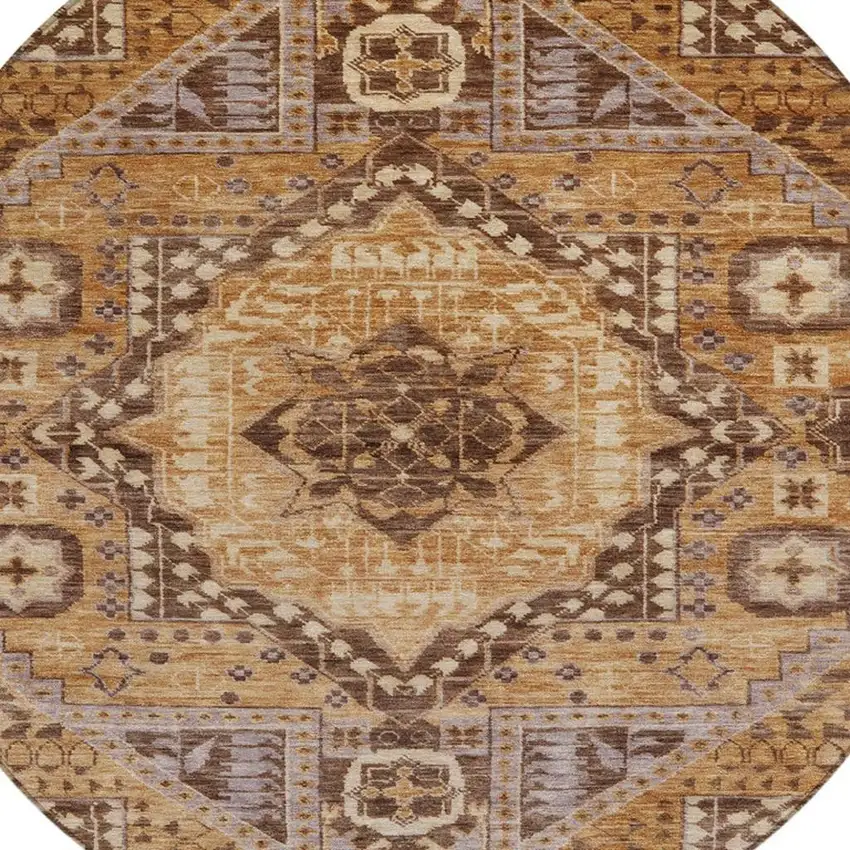 8' Copper And Beige Round Geometric Washable Indoor Outdoor Area Rug Photo 4