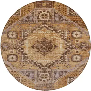 Photo of 8' Copper And Beige Round Geometric Washable Indoor Outdoor Area Rug