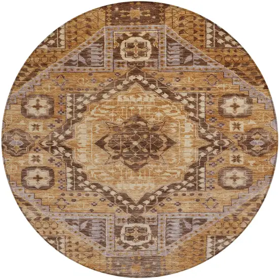 8' Copper And Beige Round Geometric Washable Indoor Outdoor Area Rug Photo 1