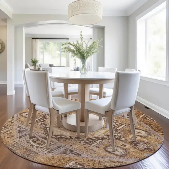 8' Copper And Beige Round Geometric Washable Indoor Outdoor Area Rug Photo 7