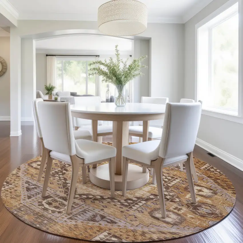 8' Copper And Beige Round Geometric Washable Indoor Outdoor Area Rug Photo 7