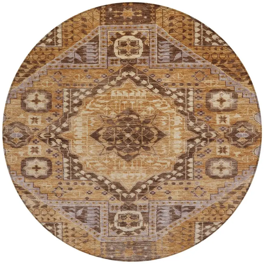 8' Copper And Beige Round Geometric Washable Indoor Outdoor Area Rug Photo 3