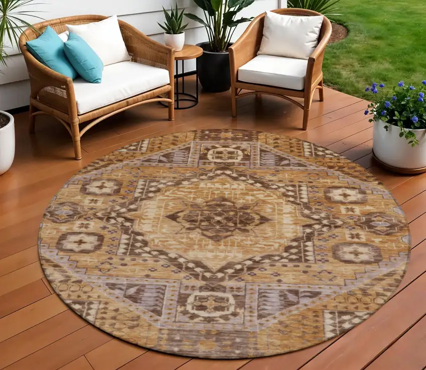 8' Copper And Beige Round Geometric Washable Indoor Outdoor Area Rug Photo 2