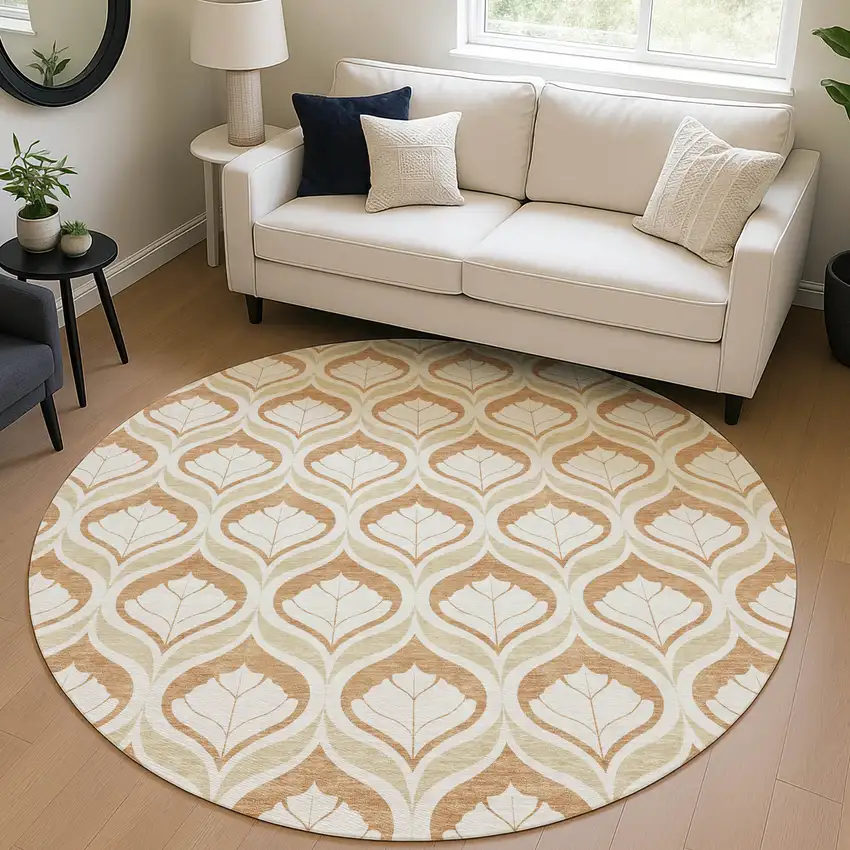 8' Copper And Beige Round Geometric Washable Indoor Outdoor Area Rug Photo 5