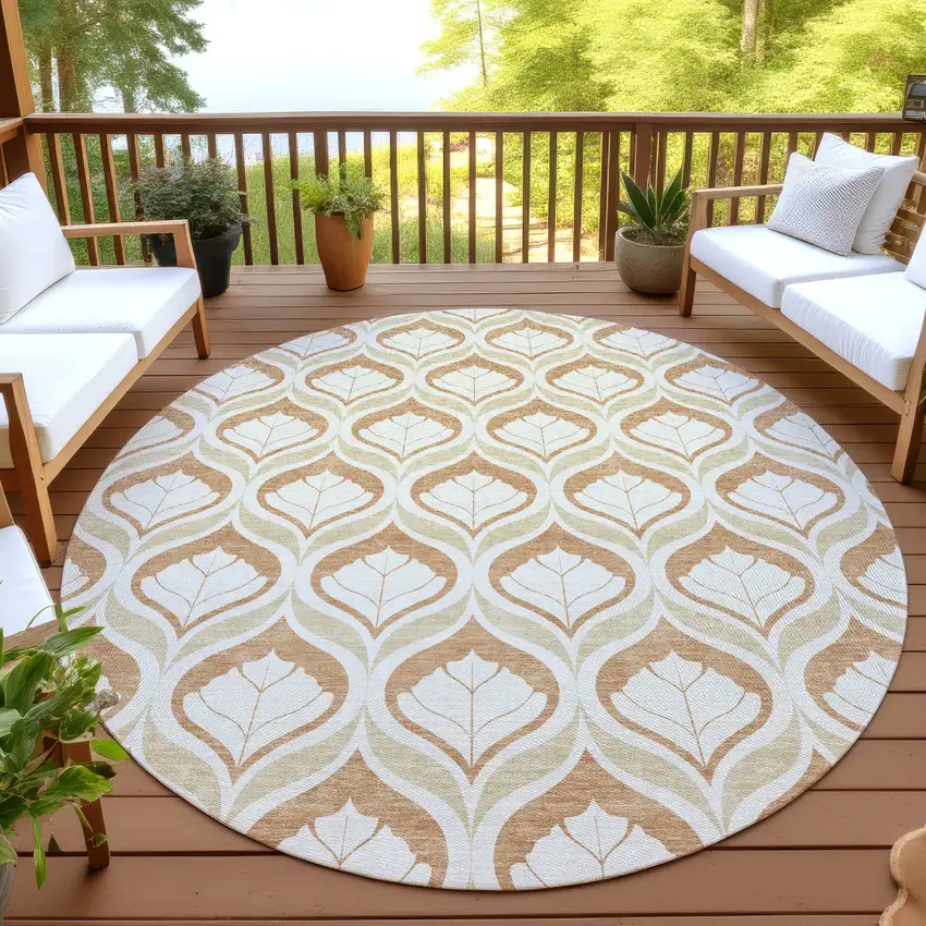 8' Copper And Beige Round Geometric Washable Indoor Outdoor Area Rug Photo 4