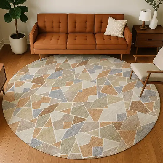 8' Copper And Beige Round Geometric Washable Indoor Outdoor Area Rug Photo 5