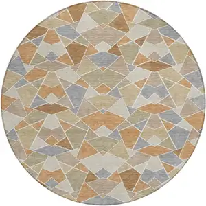 Photo of 8' Copper And Beige Round Geometric Washable Indoor Outdoor Area Rug
