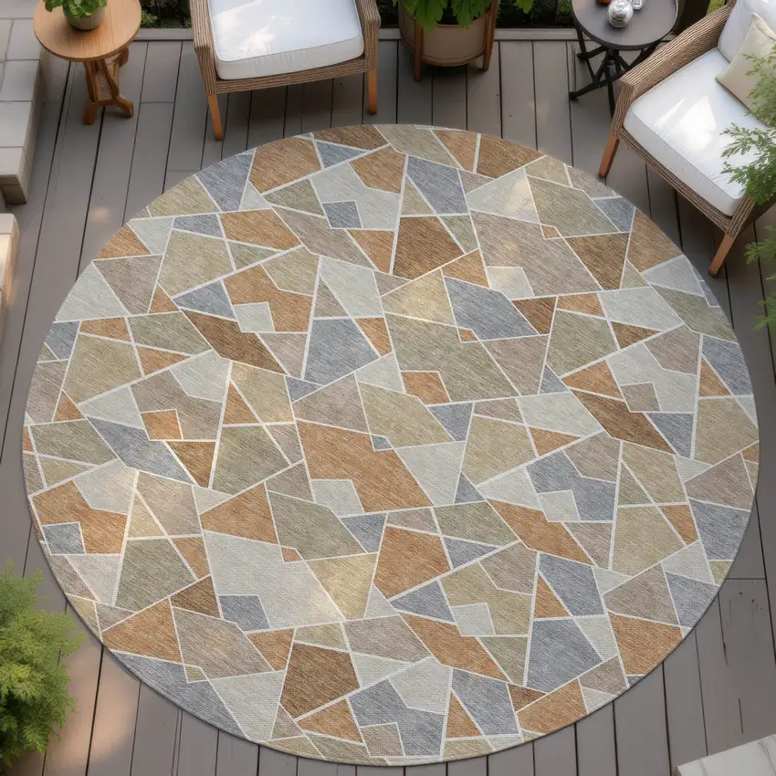 8' Copper And Beige Round Geometric Washable Indoor Outdoor Area Rug Photo 4