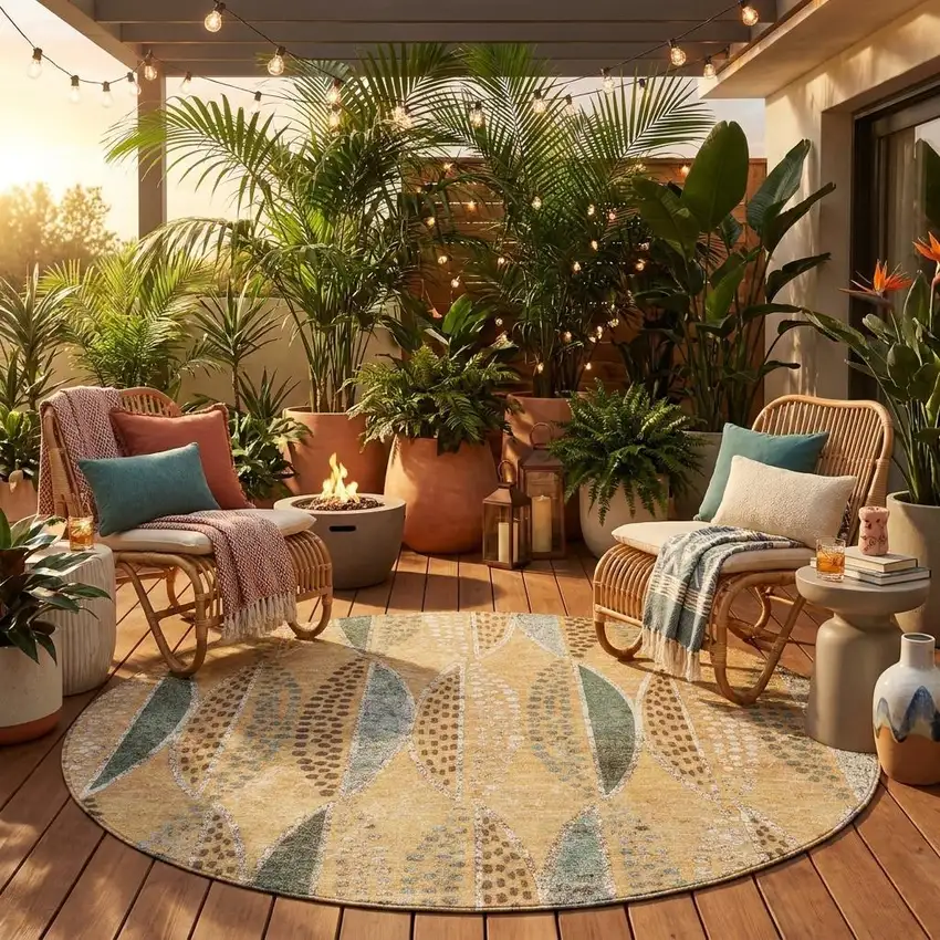8' Copper And Beige Round Geometric Washable Indoor Outdoor Area Rug Photo 1