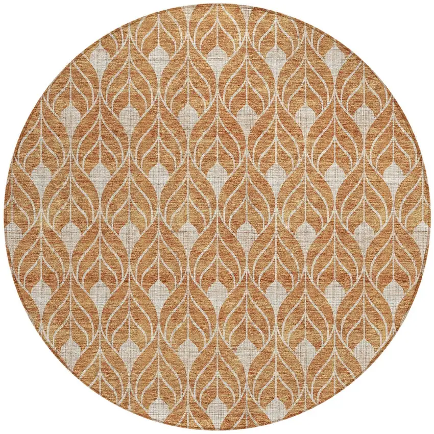 8' Copper And Beige Round Geometric Washable Indoor Outdoor Area Rug Photo 5