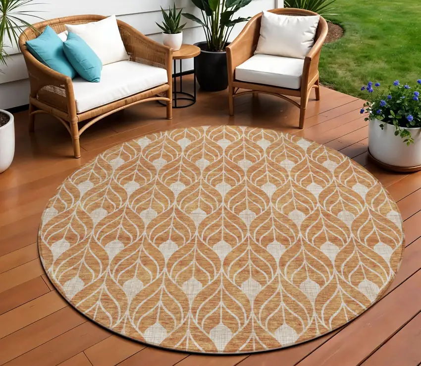 8' Copper And Beige Round Geometric Washable Indoor Outdoor Area Rug Photo 1