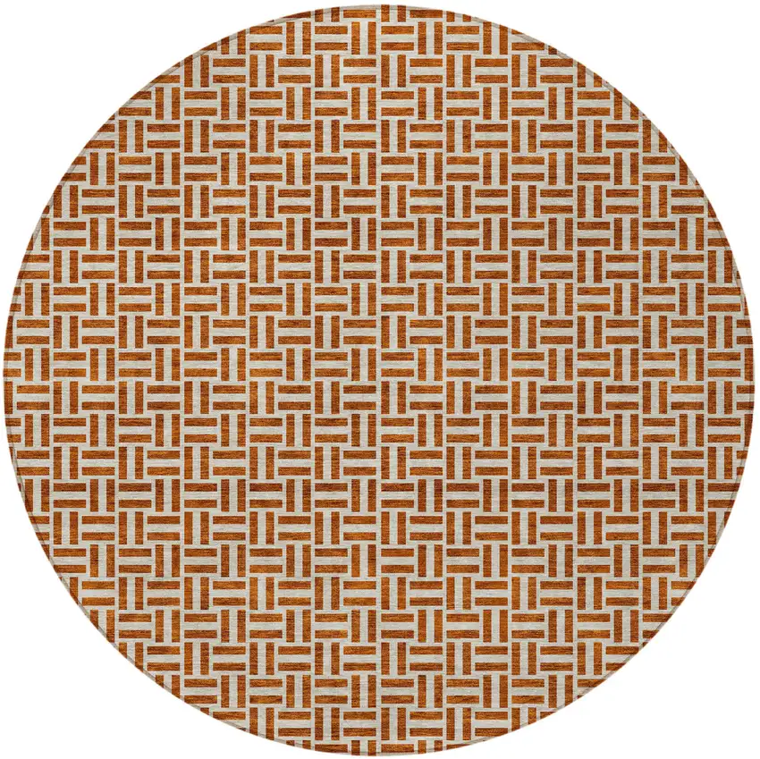 8' Copper And Beige Round Geometric Washable Indoor Outdoor Area Rug Photo 6