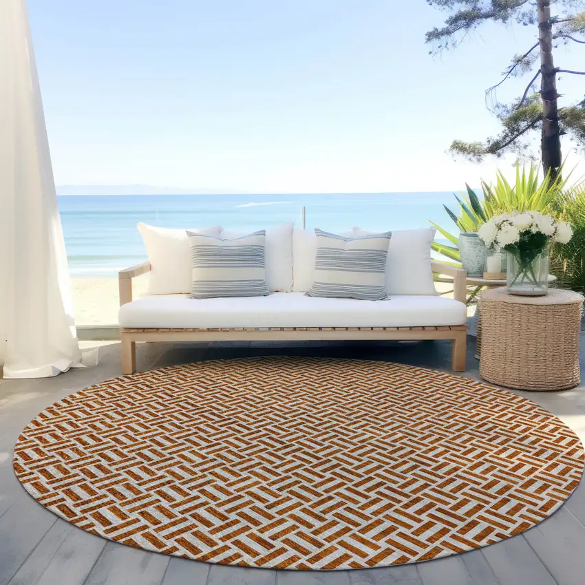 8' Copper And Beige Round Geometric Washable Indoor Outdoor Area Rug Photo 7