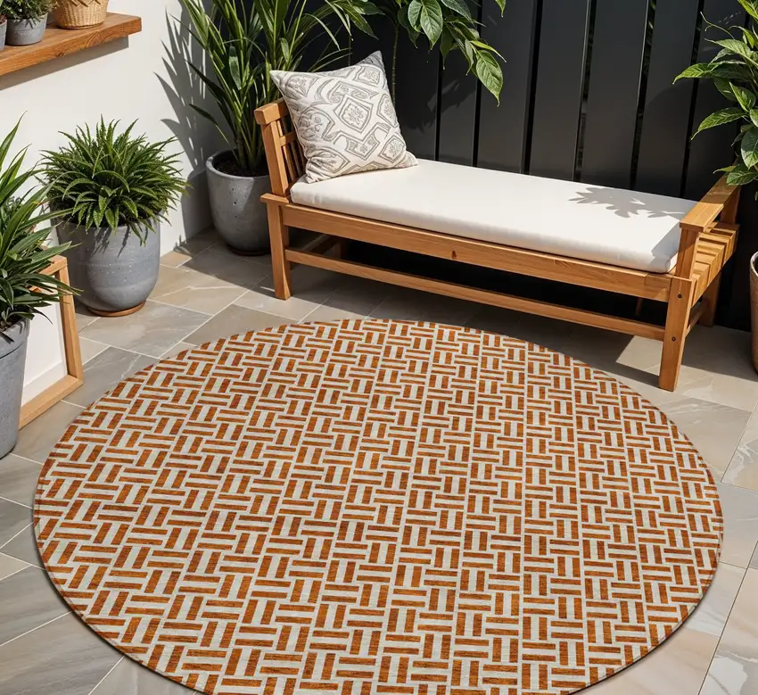 8' Copper And Beige Round Geometric Washable Indoor Outdoor Area Rug Photo 1
