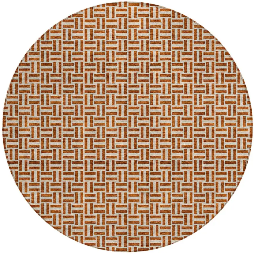 8' Copper And Beige Round Geometric Washable Indoor Outdoor Area Rug Photo 5