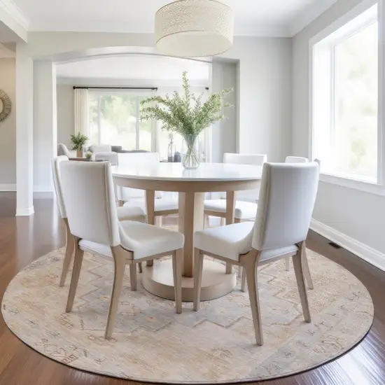 8' Copper And Beige Round Medallion Washable Indoor Outdoor Area Rug Photo 7