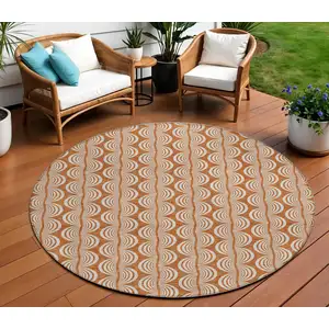 Photo of 8' Copper And Beige Round Ogee Washable Indoor Outdoor Area Rug