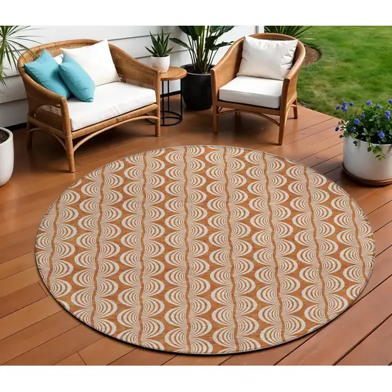 8' Copper And Beige Round Ogee Washable Indoor Outdoor Area Rug Photo 1