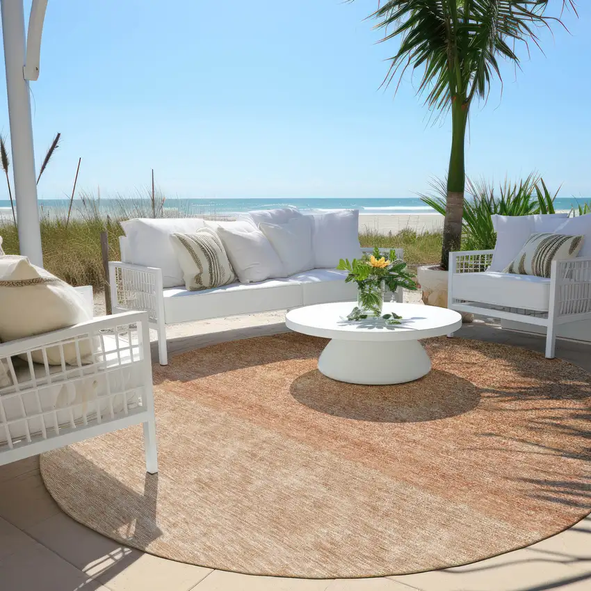 8' Copper And Beige Round Ombre Washable Indoor Outdoor Area Rug Photo 6