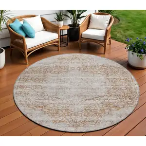 Photo of 8' Copper And Beige Round Oriental Washable Indoor Outdoor Area Rug