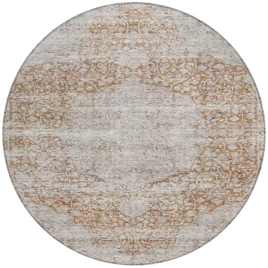 8' Copper And Beige Round Oriental Washable Indoor Outdoor Area Rug Photo 6