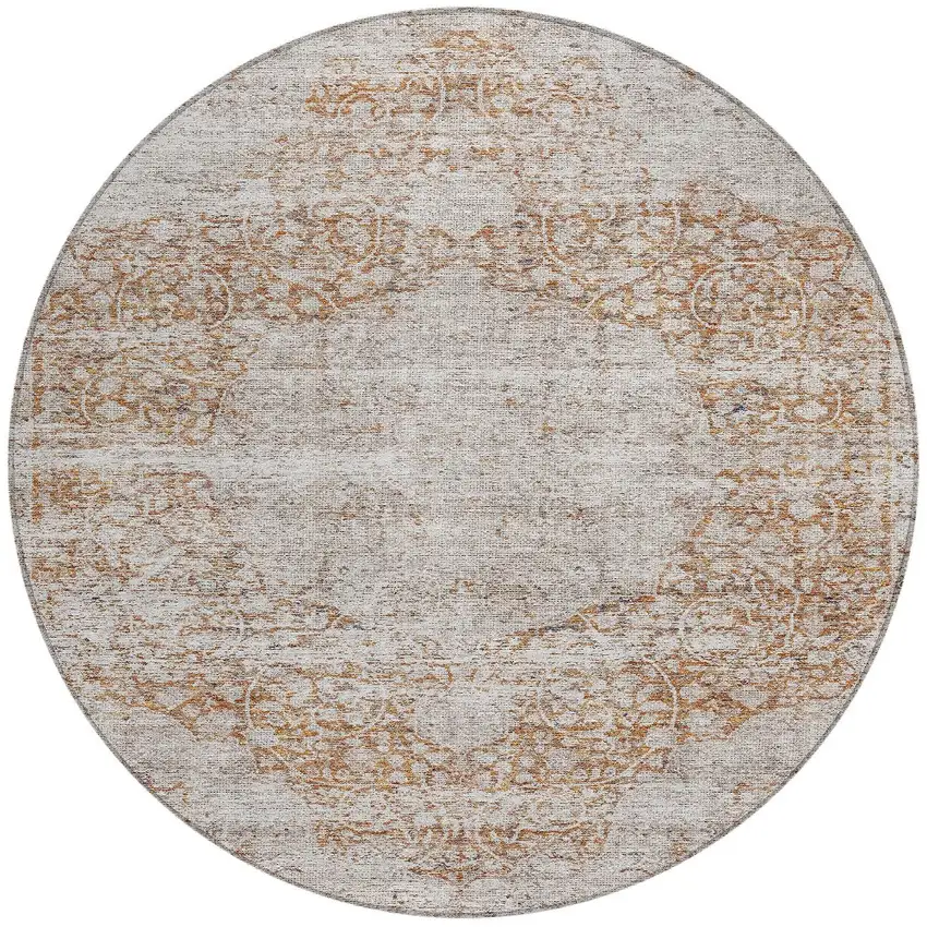 8' Copper And Beige Round Oriental Washable Indoor Outdoor Area Rug Photo 6