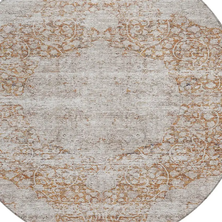 8' Copper And Beige Round Oriental Washable Indoor Outdoor Area Rug Photo 5